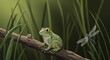 © Rio - 緑の草原、穏やかな光、蛙が静かに佇む. AI Generated