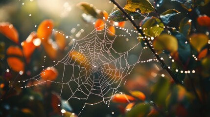 Delicate spiderweb with morning dew.