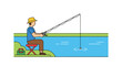 © Julak jumai  - Linear illustration of a man fishing by the water's edge showcasing recreational activity and outdoor pastime highlighting a peaceful and serene