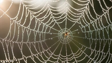 Spiderweb glistens with morning dew, spider waits patiently in the center of its intricate trap