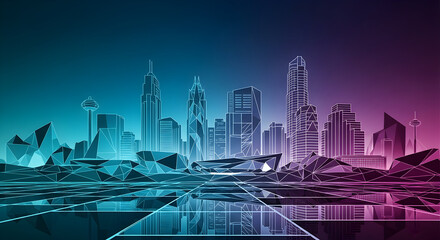 Abstract Cityscape Skyline Wireframe with Geometric Ground Reflection