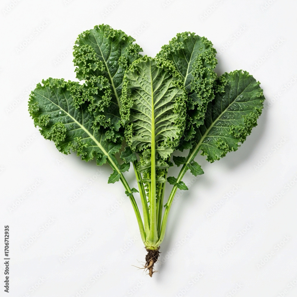 Fresh kale plant with roots displayed whole against clean white ...