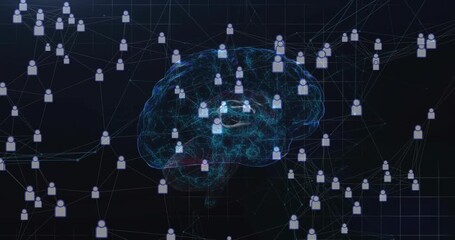 Wall Mural - On animation start 3D brain emerging, user icons converging showing network integration on grid