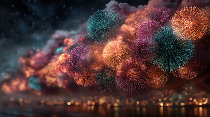 Bright fireworks exploding in night sky for new year celebration background festive lights