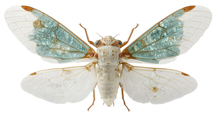 Camera shows cicada with transparent wings isolated on white