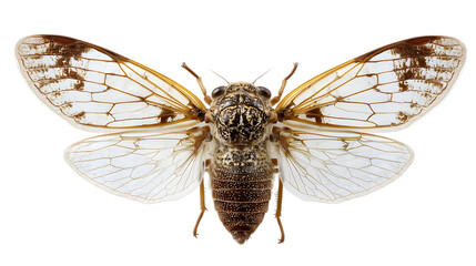 Camera shows cicada with transparent wings isolated on white