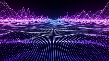 Vibrant digital landscape of glowing particles forming a flowing wave and futuristic audio waveform