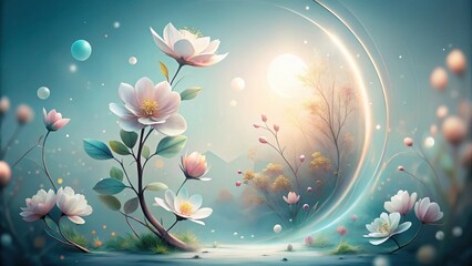 Wall Mural - Enchanted Bloom Within a Serene Orb  A Dreamlike Landscape of Delicate Flowers and Gentle Light