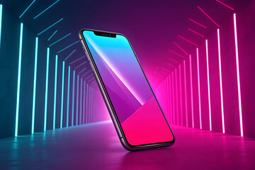 Illustration of sleek smartphone with vibrant screen and neon lights isolated on white background for advertising use