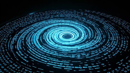 Abstract digital vortex of glowing blue binary code swirling in darkness, representing data flow and technology.