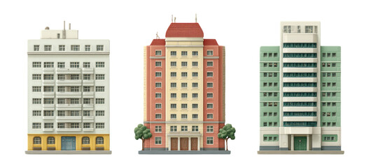 Isolated Buildings in Various Styles on Transparent Background
