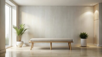 Wall Mural - Serene Minimalist Interior Design Featuring a Light Neutral Palette and Simple Wooden Bench