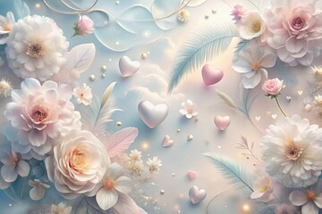 Wall Mural - Romantic pastel floral arrangement with delicate hearts and feathers on a dreamy background