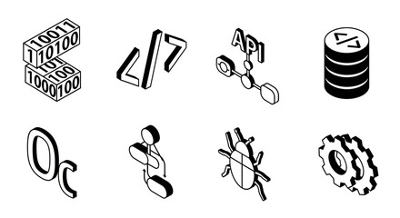 Clean isometric outline vector icons for software development and IT binary, code, API, database, cloud, user, bug, settings