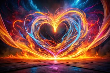 Wall Mural - Fiery Heart An Abstract Composition of Vivid Energy and Light Swirling into a Heart Shape Above a Dark Ground Plane