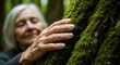 © tangmo.pa - Senior Hand Gently Touching Vibrant Green Mossy Tree Bark
