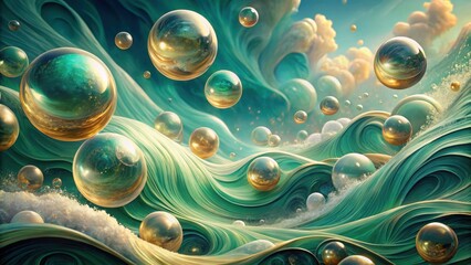 Wall Mural - Serene Aquatic Dreamscape Golden and Jade Spheres Drifting on a Wave of Abstract Beauty