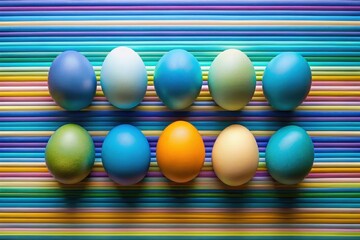 Wall Mural - Pastel-colored eggs arranged on a vibrant striped background, a colorful spring celebration