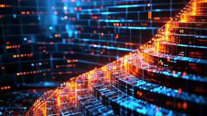 Abstract digital staircase with glowing data points, representing growth and technology.