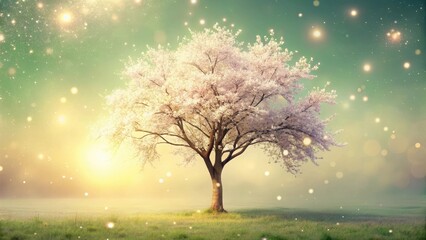 Wall Mural - A solitary blossoming tree in a tranquil meadow, bathed in the soft glow of dawn, surrounded by ethereal luminescence.
