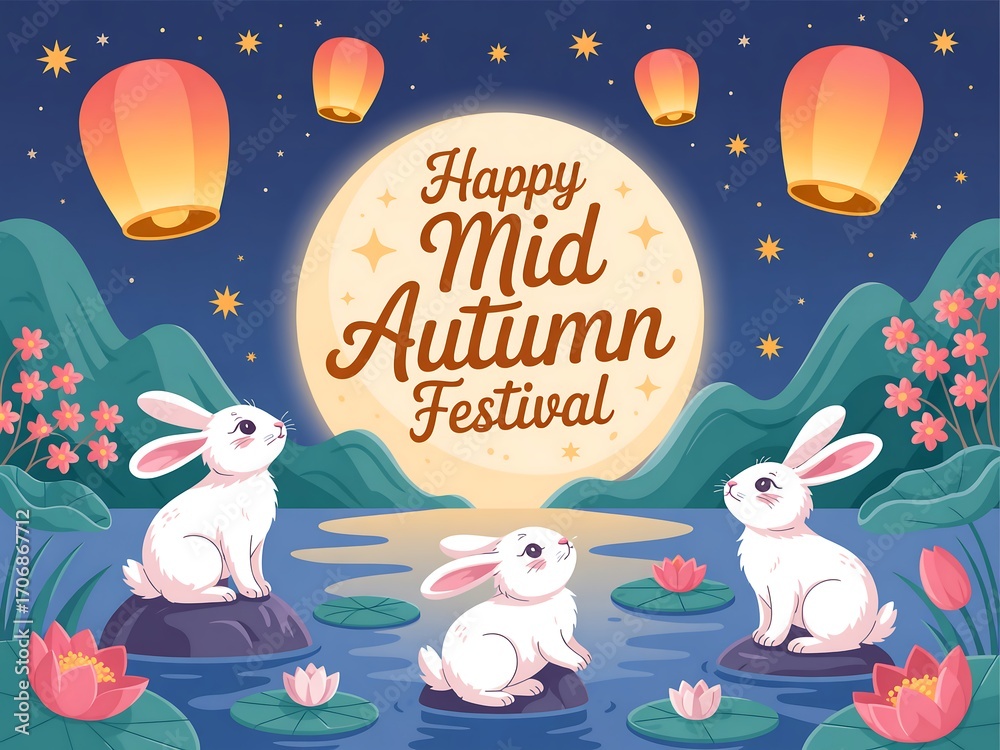 Cute rabbits celebrating the mid autumn festival with lanterns and full ...