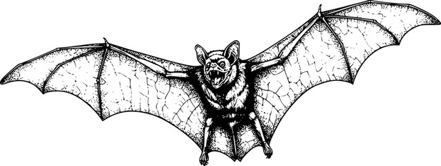 Detailed Black and White Drawing of Bat flying in the sky in monochrome drawing. black on white line art.
