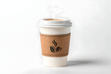 Illustration of steaming hot coffee in a takeaway cup with a coffee bean logo isolated on white background for a quick pick me up
