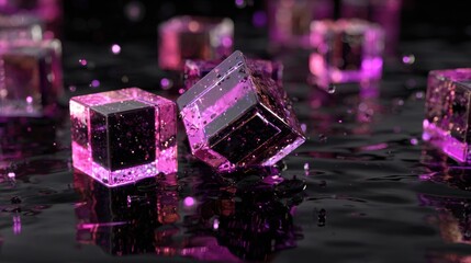 Canvas Print - Colorful Glittering Ice Cubes in Dark Liquid Background