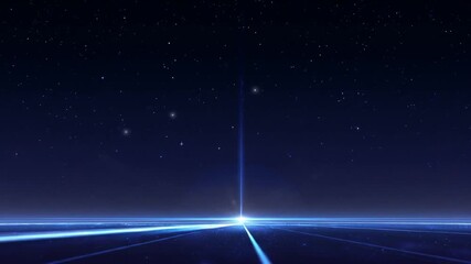 Wall Mural - Starry expanse with blue light rays converging at horizon, creating an ethereal glow