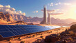 © Chalita - Expansive desert scene featuring rows of solar panels with energy transmission towers in a futuristic setting