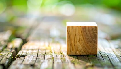 Wooden cube on weathered wood