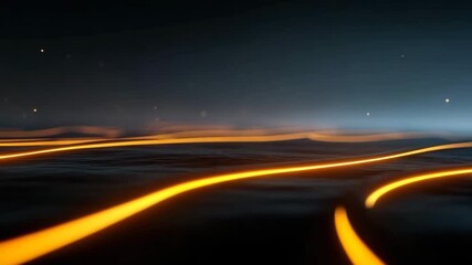 Wall Mural - Glowing orange light trail curves over dark surface with blue gradient background and abstract motion, creating dynamic futuristic atmosphere full of energy and vibrant flow