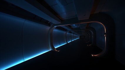 Futuristic corridor with neon lights and metal structures