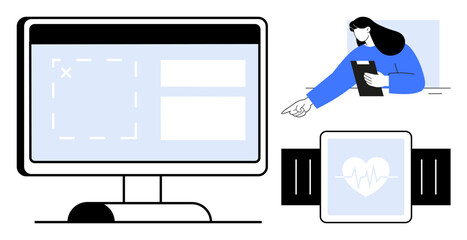 Computer screen displaying interface grids, woman pointing while holding a tablet, and a smartwatch with heart monitoring. Ideal for technology, health app, user interface, remote monitoring, data