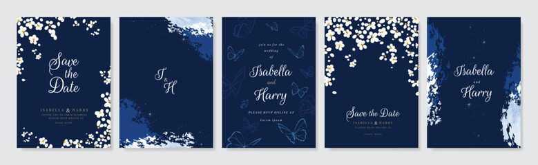Wall Mural - Wedding invitation card design vector set. Navy blue wedding card with little star, flower, butterfly and watercolour decorative texture. Design illustration for cover, poster, gala.