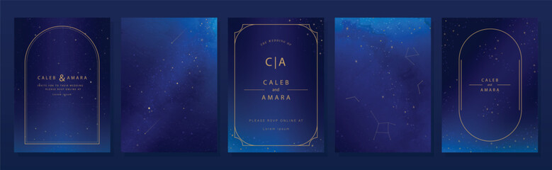 Wall Mural - Wedding invitation card design vector set. Navy blue wedding card with little star, galaxy, meteor, cosmic, frame and watercolor decorative  texture. Design illustration for cover, poster, gala.