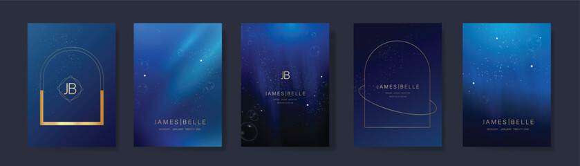Wall Mural - Wedding invitation card design vector set. Navy blue wedding card with little star, butterfly, frame and watercolour decorative texture. Design illustration for cover, poster, gala.