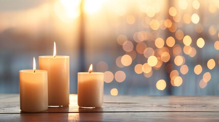 Wall Mural - three burning candles on wooden table creating warm atmosphere