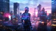 © vadosloginov - Contemplative robot in futuristic city at night