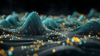 A digital representation of abstract waves flowing with luminous particles in shades of blue and pink set against a dark background