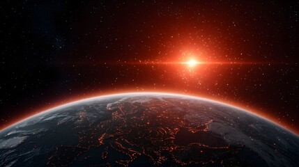 Wall Mural - the image features a stunning view of earth from space, with a bright, fiery star illuminating the h