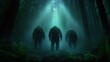 © Kakabe - Three hikers navigate a misty forest, illuminated by ethereal light this image evokes adventure and mystery, ideal for articles on exploration, outdoor activities, or atmospheric storytelling,