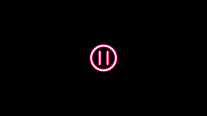 Neon glowing pause button on the black background background.