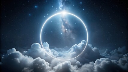 Wall Mural - Celestial Halo Glowing Ring Encircling a Dreamlike Nightscape of Starry Sky and Fluffy Clouds