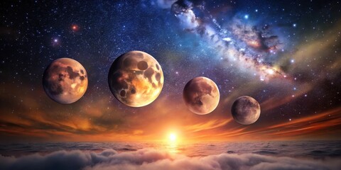 Wall Mural - Celestial Bodies Aligned Over a Tranquil Ocean at Sunset, with a Starry Galaxy Background