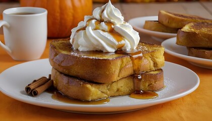 Wall Mural - plate of pumpkin spice french toast topped with whipped cream and maple syrup