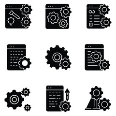 Black and White Icon Set Representing Software Configuration and Development Processes Depicting Gears and Settings for Program Management