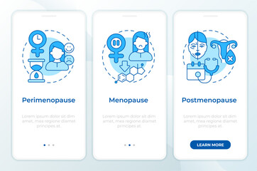 Wall Mural - stages of menopause blue onboarding mobile app screen. women health. walkthrough 3 steps editable gr
