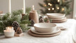 © Elena - Christmas table decor in neutral tones, natural linen tablecloth, white ceramic plates, wooden candle holders, greenery and pinecones centerpiece, elegant eco-friendly styling Scandinavian winter