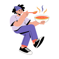 Canvas Print - A flat style illustration showing a person holding soup bowl 